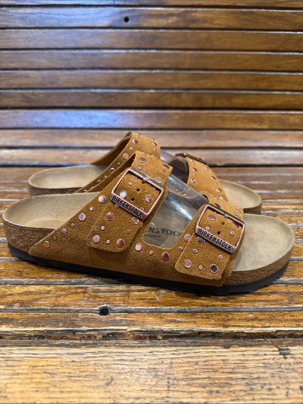 Studded Brown Suede Double Strap Sandals
